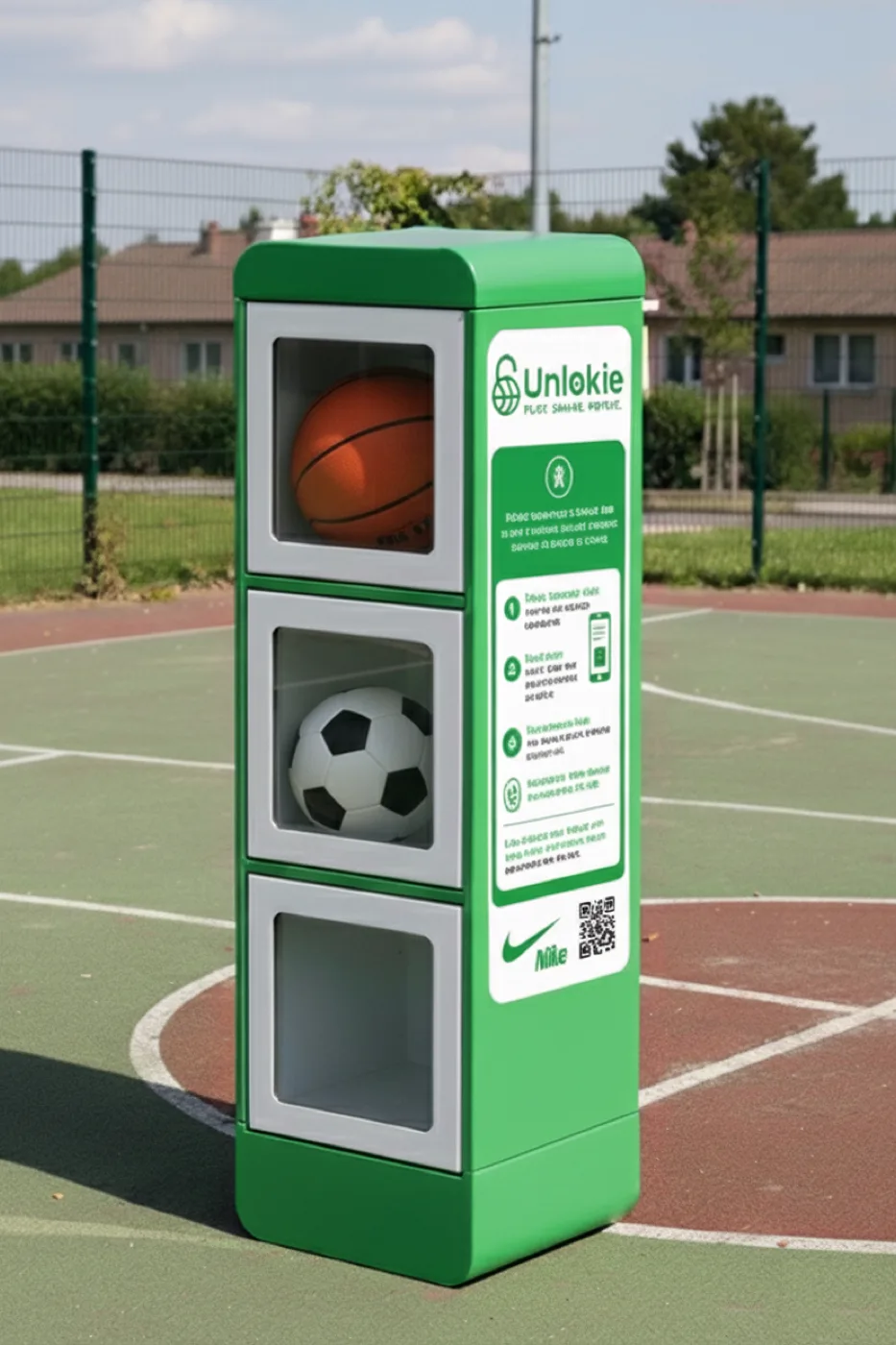 Unlokie Smart Locker - Three plexiglass doors with green accents, outdoor-ready design