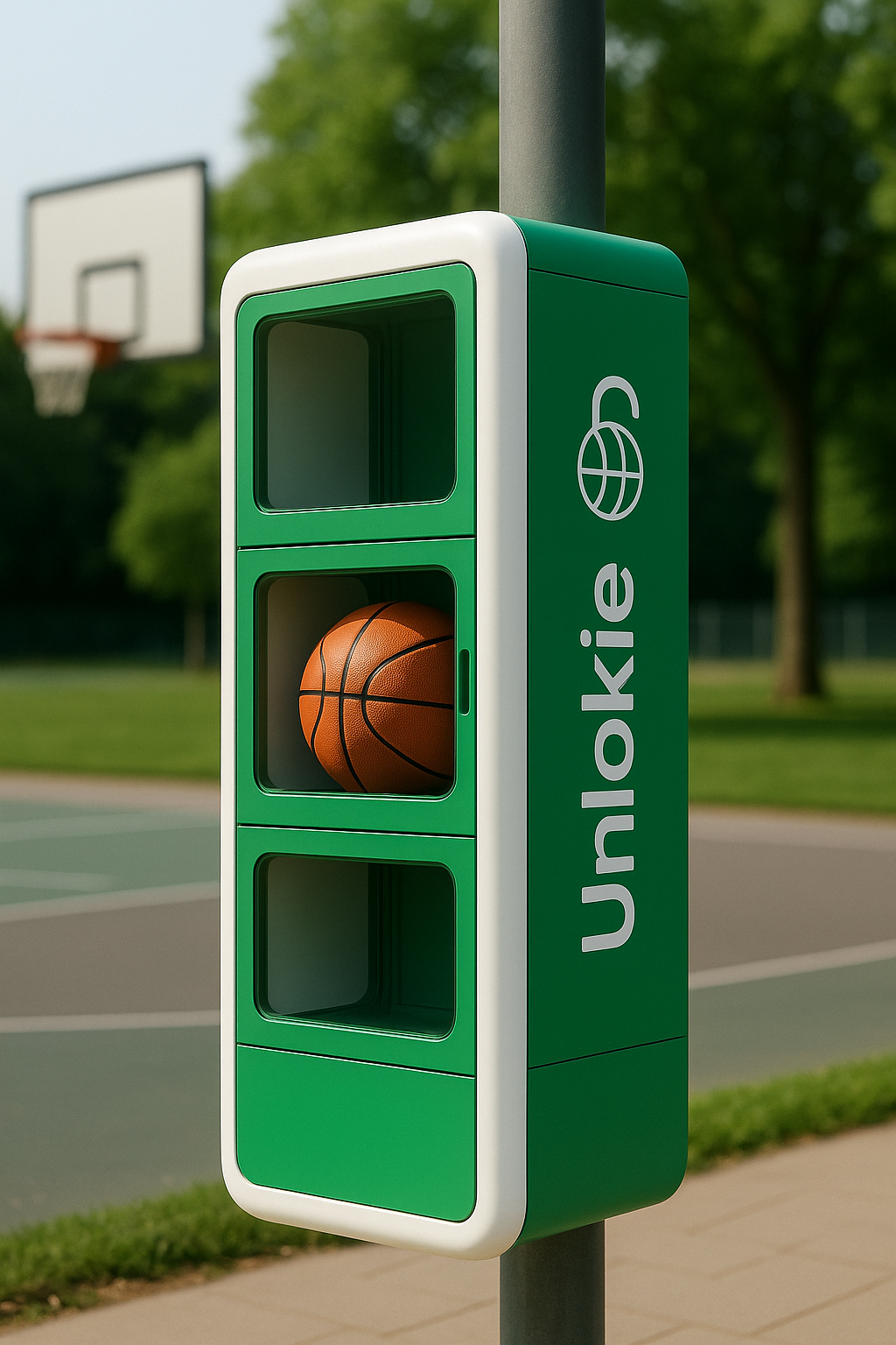 Unlokie Smart Locker - Three plexiglass doors with green accents, outdoor-ready design